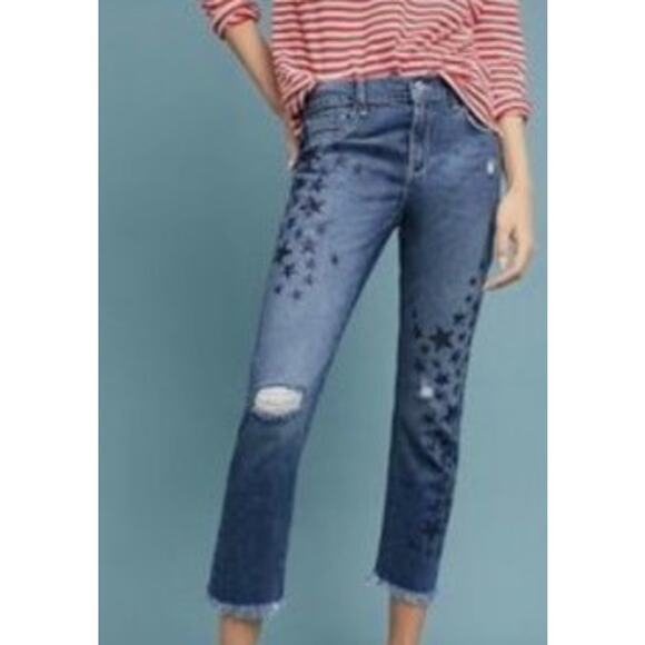 Anthropologie Pilcro Jeans Womens 26 Star Embroidered Raw Hem Boyfriend Slim Fit - Picture 2 of 13